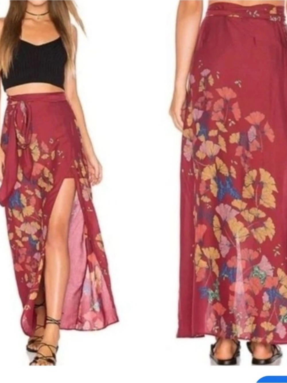 Free People Burgundy Floral Wrap Maxi Skirt